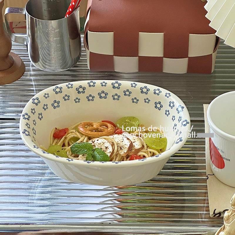 德国进口复古风蓝色小碎花浴缸碗椭圆沙拉碗水果甜品碗酸奶碗陶瓷