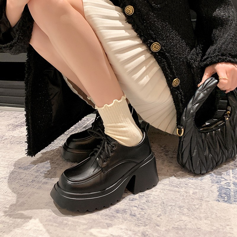 进口系带松糕厚底乐福鞋女2025新款春季粗跟高跟增高黑色jk单鞋小