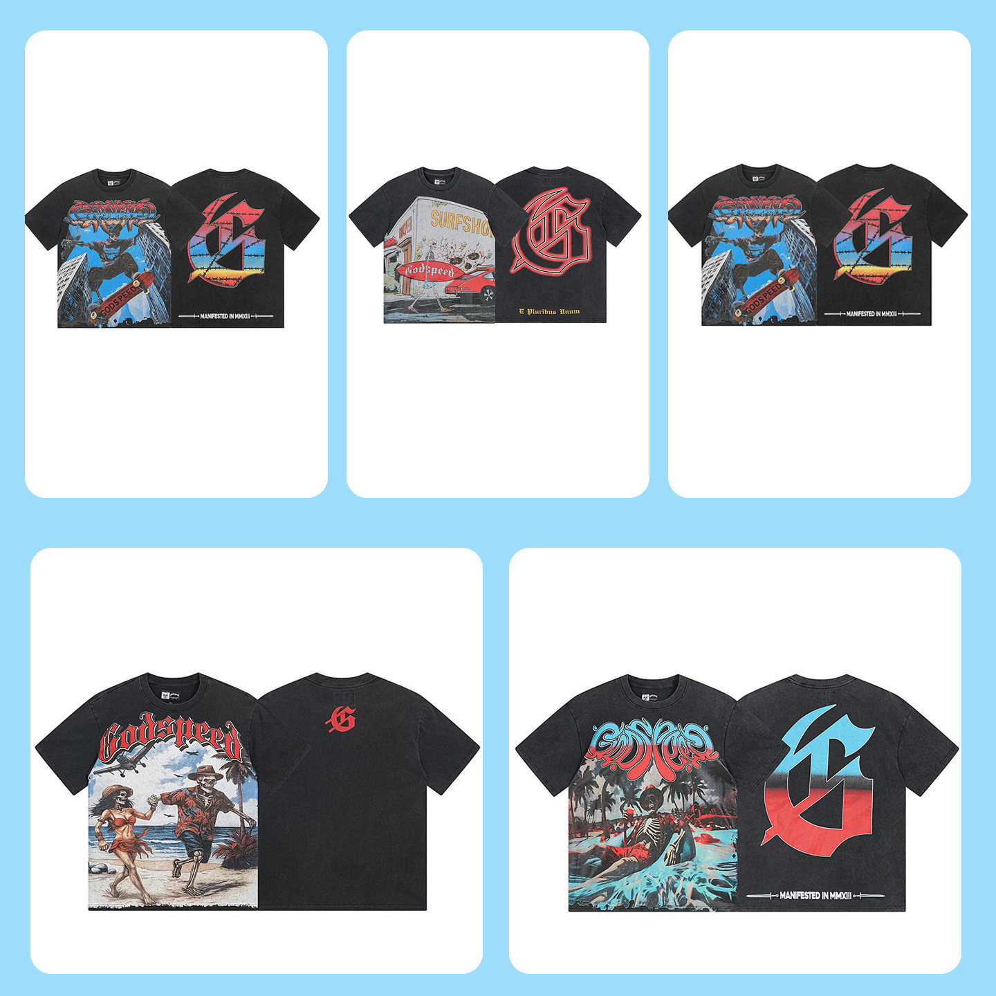 2006Godspeed美潮骷髅印花宽松T-shirt高品质纯棉洗水做旧短袖
