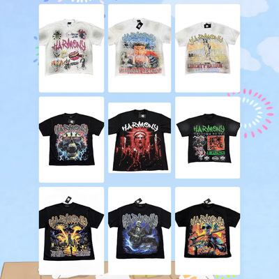 2026新款美式潮牌Harmony水洗复古做旧宽松纯棉短袖T恤跨境外贸