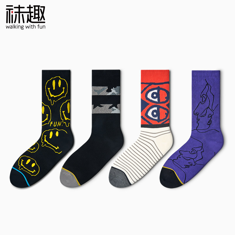 袜子男中筒ins笑脸潮牌棉