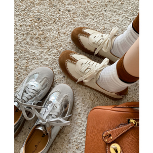 女 真皮棕色拼色法式 复古手缝线软底美式 运动休闲鞋 银色厚底德训鞋