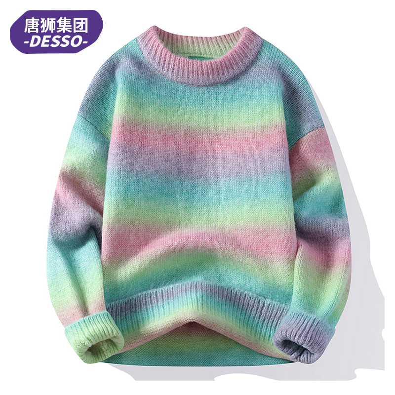唐狮集团DESSO渐变色彩色条纹毛衣男秋冬宽松慵懒风针织衫上衣