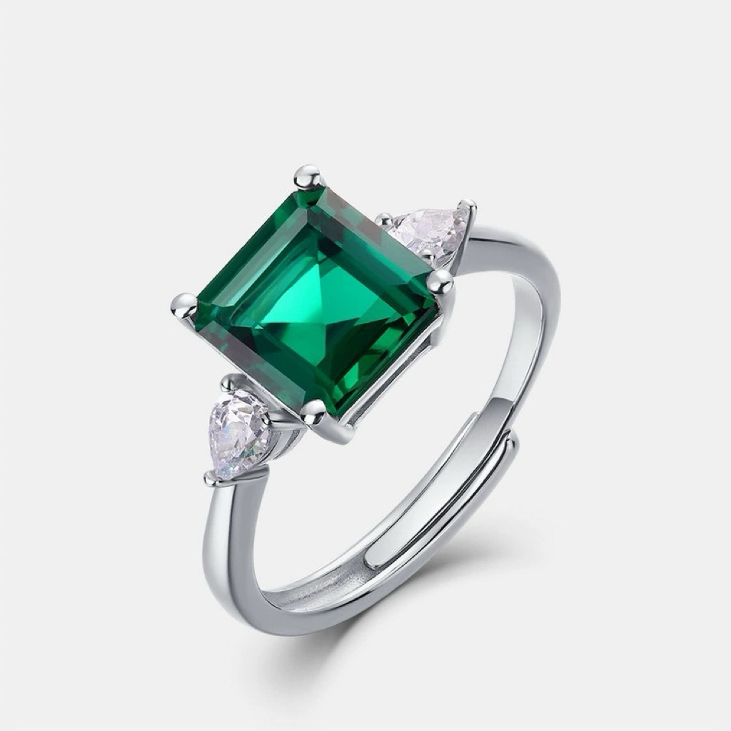欧美风跨境爆款方形祖母绿开口戒指 S925银镀金+培育祖母绿+锆石