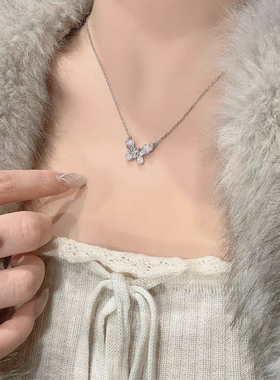 925银渐变满钻蝴蝶项链轻奢小众 原创新品粉钻蝴蝶项链配饰女