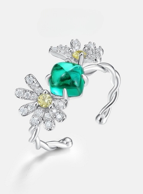 糖塔祖母绿花瓣戒指 培育祖母绿+S925银镀金+锆石 时尚轻奢复古女