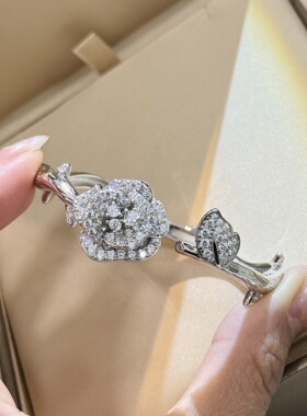 高级珠宝感满钻玫瑰花开口手镯 S925银镀金+高碳钻 叶子树枝纹路