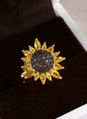 向日葵锆石戒指女款镀金镶钻太阳花开口指环小红书爆款轻奢配饰