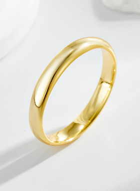 s925纯银镀14K真金简约小众3mm素圈戒指欧美跨境简约光圈指环饰品