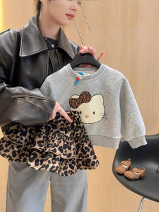 女童圆领卫衣豹纹蛋糕裙套装2025春秋新款Kitty卫衣豹纹裙两件套