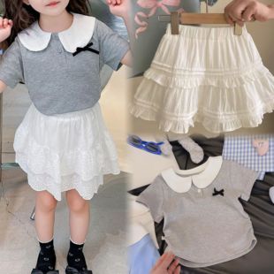 纯棉女童短袖上衣2025新款娃娃领宝宝T恤学院风短款打底衫不起球