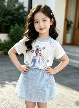 女童夏季烫钻短袖T恤+亮片短裙两件套装2026新款儿童艾莎公主套装