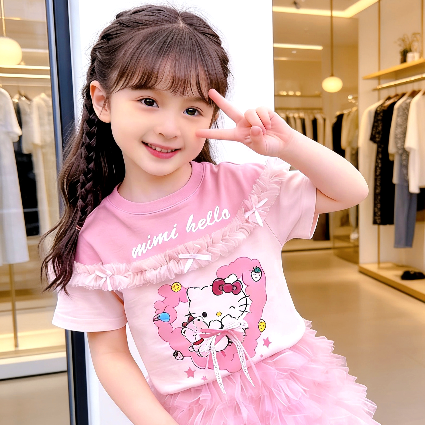 女童短袖T恤2026夏季新款洋气儿童卡通花边女孩上衣假两件可爱t恤