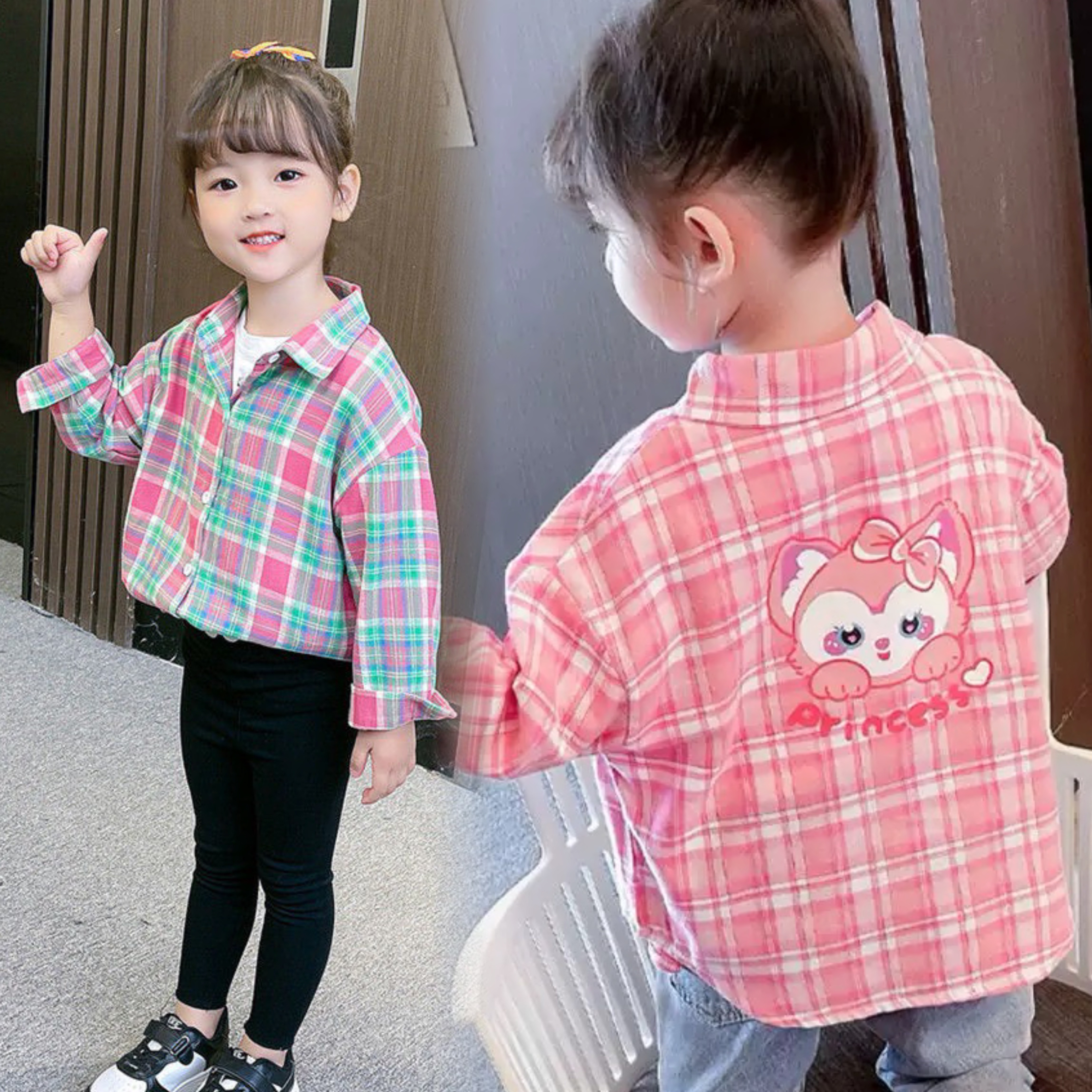 女童格子衬衫2026新款长袖衬衣春秋女宝开衫翻领上衣儿童格子外套