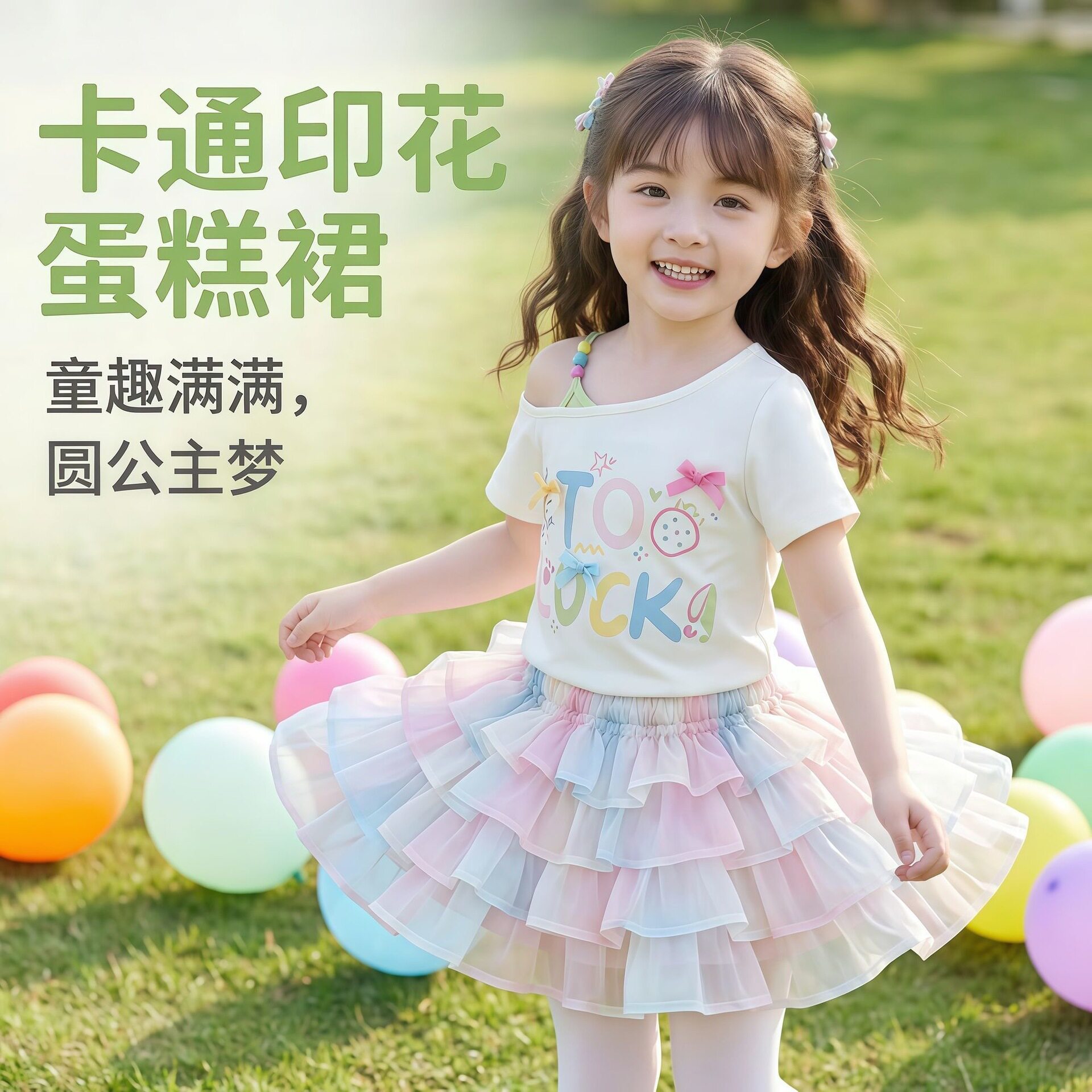 2026新款露肩女童短袖t恤小清新卡通夏季印花时尚女宝宝公主上衣