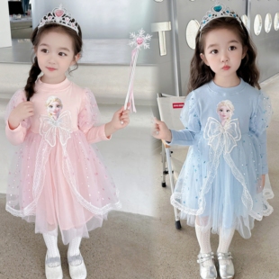 女童长袖连衣裙公主裙学校表演艾莎女孩女宝宝纱裙儿童裙子仙夏季