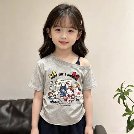女童纯棉露肩短袖T恤夏季2026新款中大童女孩斜肩上衣卡通t恤甜美