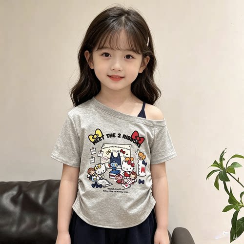 女童纯棉露肩短袖T恤夏季2026新款中大童女孩斜肩上衣卡通t恤甜美
