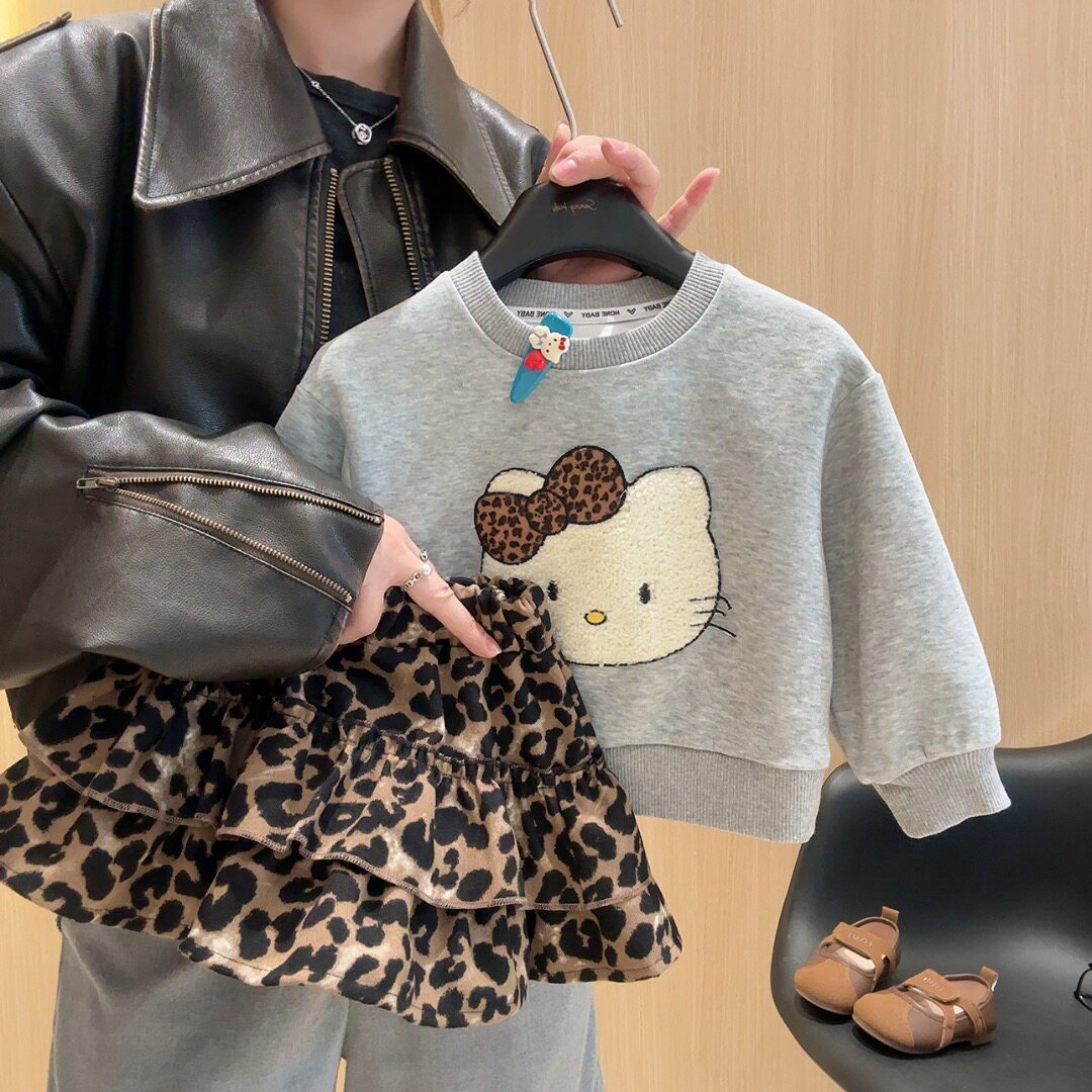 女童圆领卫衣豹纹短裙套装2026春秋新款儿童长袖卫衣豹纹裙两件套