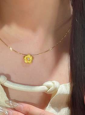 Paula古法实心鎏金錾刻光沙点钻拉丝小花吊坠项链项圈生日礼物