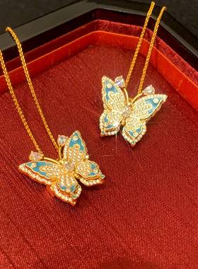 新中式国潮风丨点钻花丝珐琅彩光面女神蝴蝶吊坠项链 L010