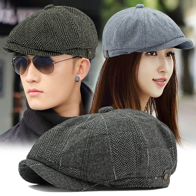 文艺男女英伦复古人字纹八角帽