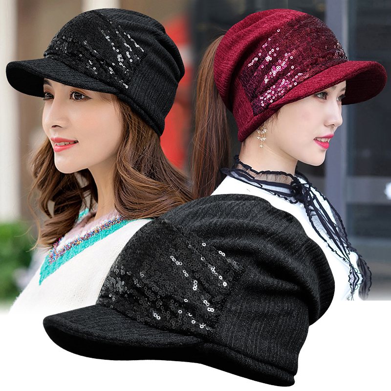 帽子亮片软檐扎马尾包头护耳