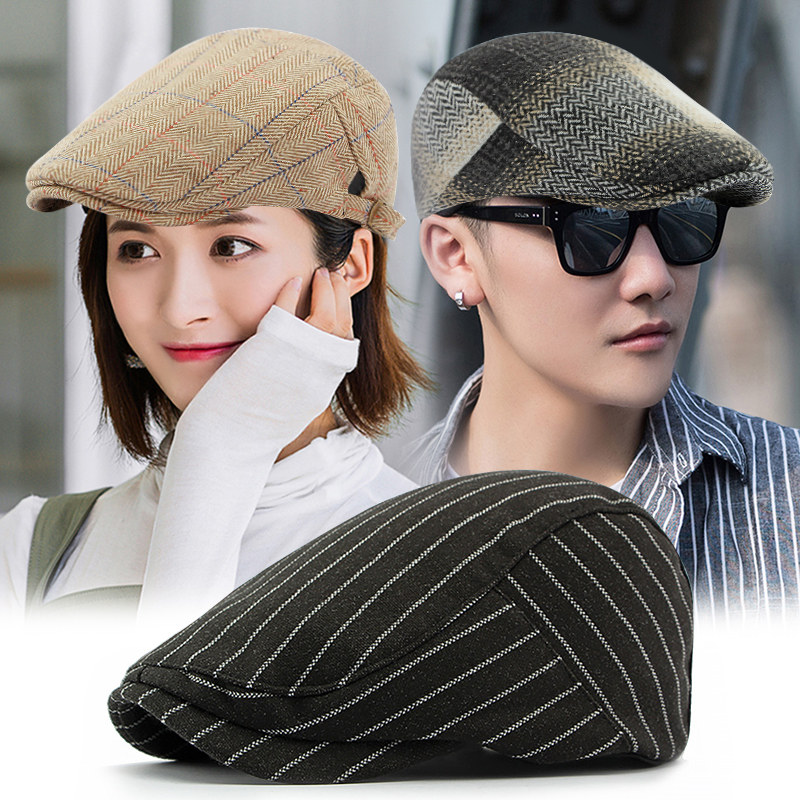 秋季英伦复古格纹贝雷帽男女渐变条纹鸭舌帽文艺画家帽休闲前进帽