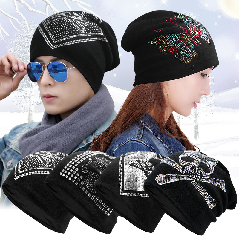 骷髅烫钻头套头帽男秋冬双层针织帽户外潮流头巾帽女士薄款包头帽