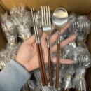 304不锈钢日式 家用甜品勺鸡翅木柄 筷子叉子勺子个人专用复古套装