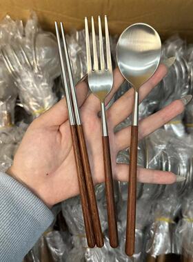 304不锈钢日式筷子叉子勺子个人专用复古套装家用甜品勺鸡翅木柄