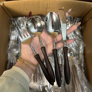 高级感轻奢西餐餐具刀叉勺 鸡翅木不锈钢304牛排刀叉套装