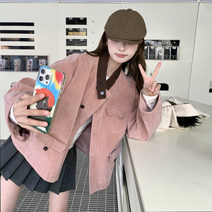 粉色麂皮绒工装短款外套女春秋2025新款超火好看高级小众夹克上衣图片