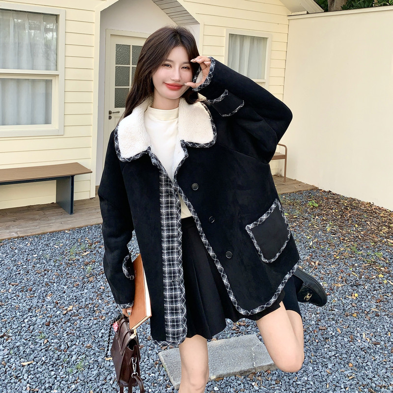 现货新款数据格纹拼接加厚羊羔毛外套2616-P195控298,女装毛呢外套,拾菱