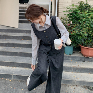 深灰色慵懒风马甲时尚套装女2025秋季法式小个子减龄阔腿裤三件套图片