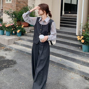 深灰色慵懒风马甲时尚套装女2025秋季法式小个子减龄阔腿裤三件套图片