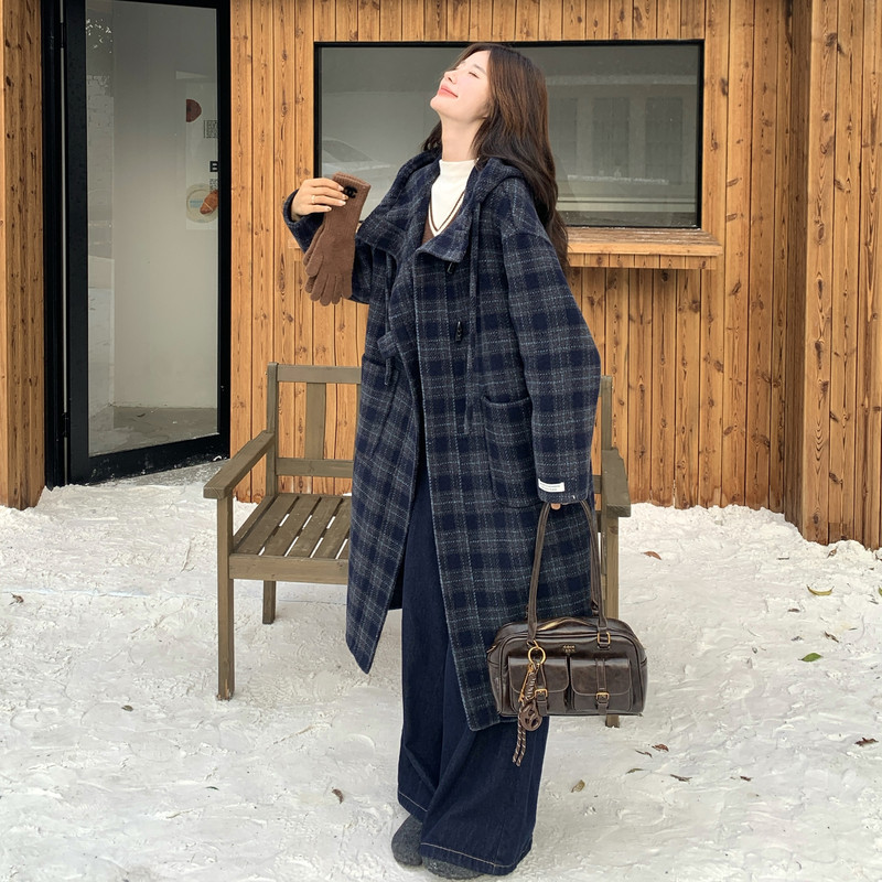 现货新款格纹牛角扣羊绒大衣163-2601-P265控388,女装羊绒大衣,拾菱