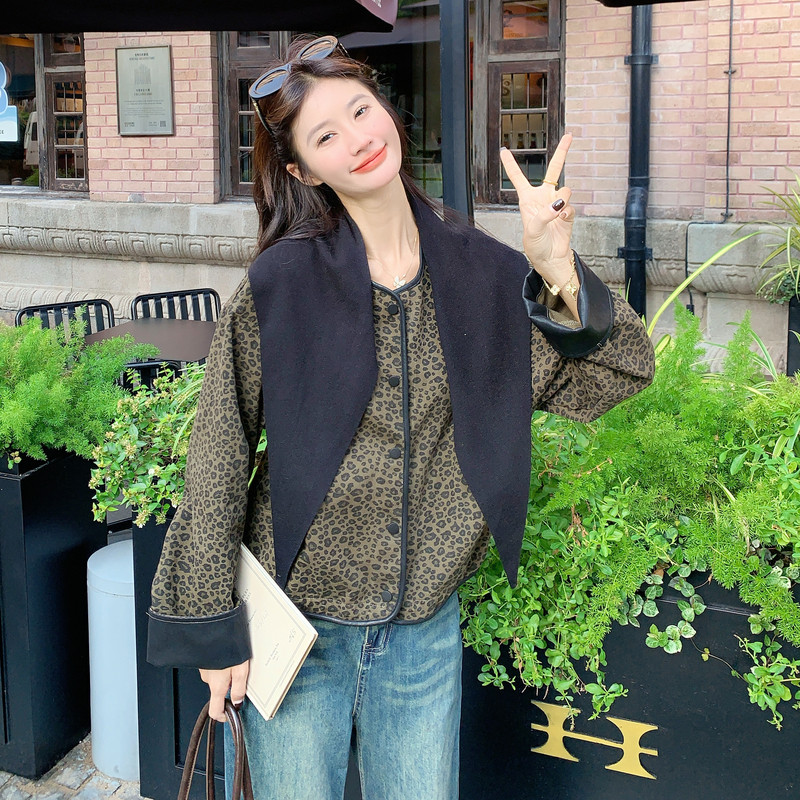 复古百搭时髦撞色包边豹纹外套女2025秋季氛围感减龄气质短款上衣,女装短外套,拾菱
