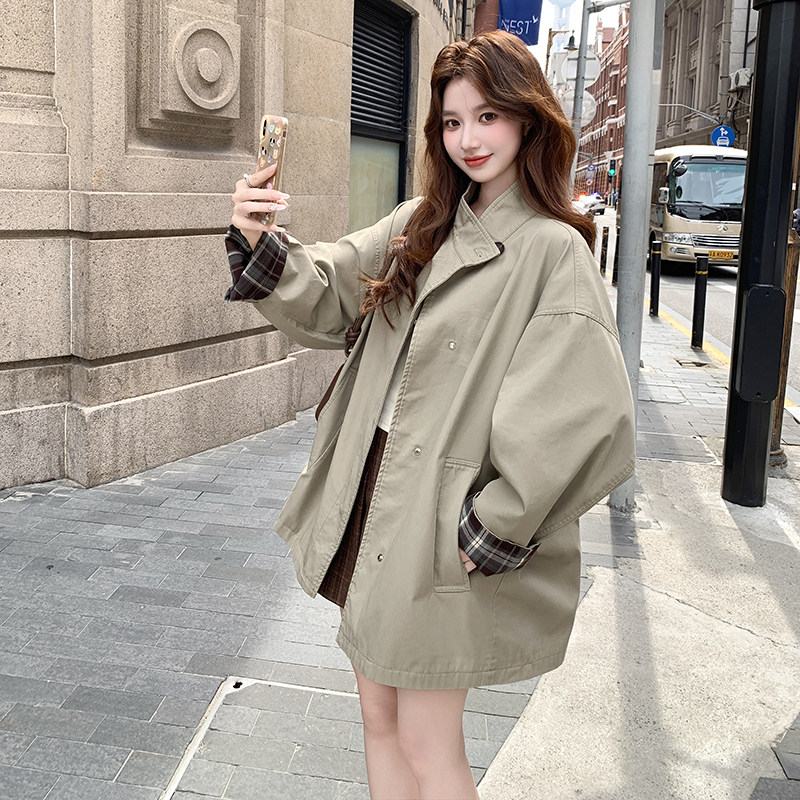 新款格纹拼接风衣外套163-2517-P165控248,女装短外套,拾菱