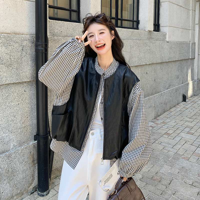 新款拼皮格纹拼接假两件外套163-2550-P155控248,女装短外套,拾菱