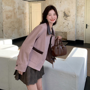 撞色翻领减龄粉色短外套女春秋2025新款小个子多巴胺甜美流行爆款图片