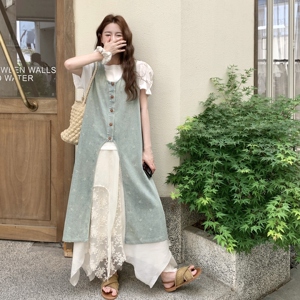 无袖牛仔连衣裙套装女夏不规则蕾丝拼接半身裙两件套爆款减龄流行图片