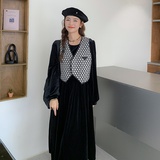 【】现货丝绒裙+提花马甲两件套连衣裙9911-P145控208，女装连衣裙，拾菱