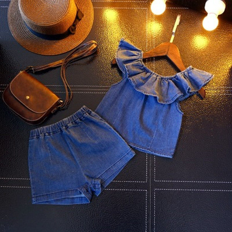 2023夏装新款童装女童套装一字肩飞袖上衣+短裤二件套韩版套装
