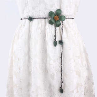 时尚花朵腰带女装饰腰链百搭连衣裙真皮细皮带头层牛皮编织腰绳