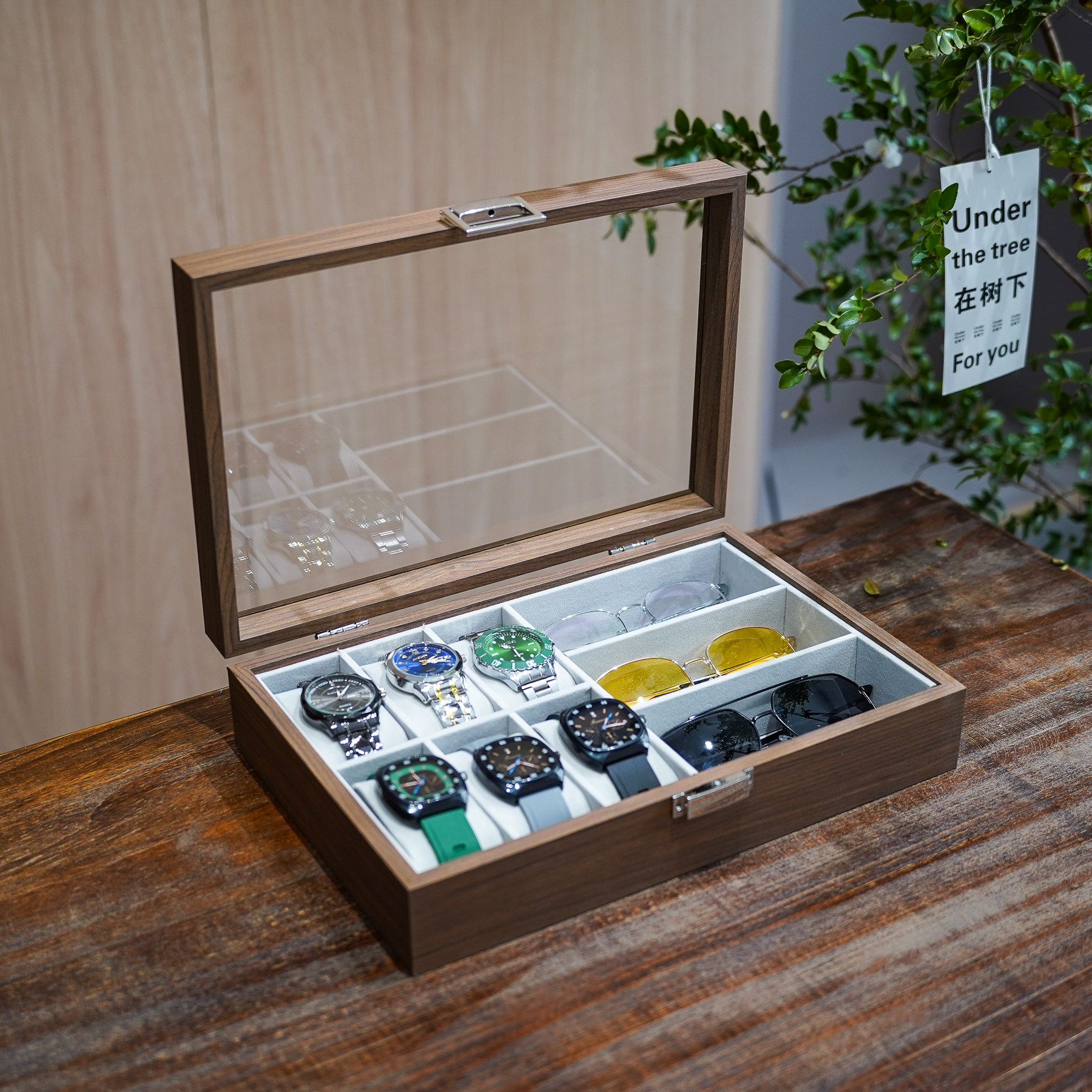 高档木质6位手表收纳盒3格眼镜防尘带盖玻璃展示架便携式首饰盒子,收纳整理,首饰盒,淘宝优惠券,粉丝福利购,淘宝优惠卷