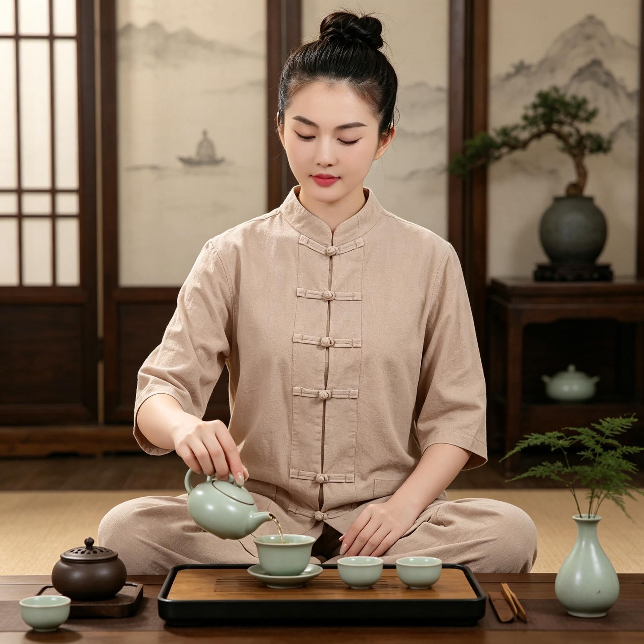 中式纯棉居士服套装男女禅意佛系居家修行打坐太极服修行练功茶服