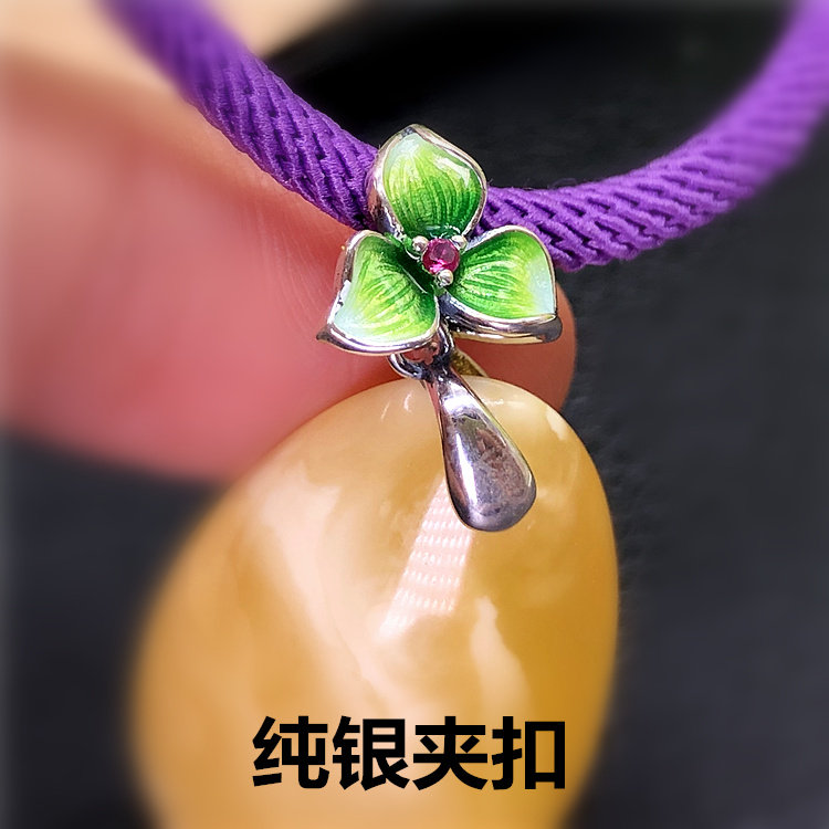 S925纯银烧蓝夹扣翡翠蜜蜡吊坠扣头连接扣挂绳景泰蓝DIY小花配件