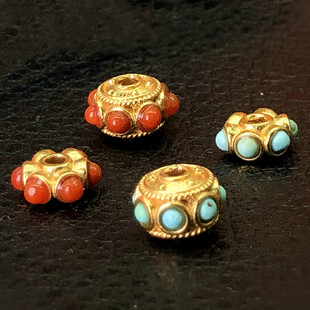 S925纯银镀24K黄金原矿绿松南红老金蜻蜓眼散隔珠隔片DIY配件转运