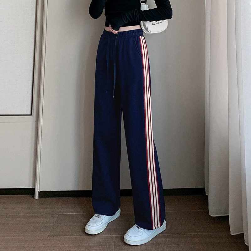 三道杠红白条纹高腰显瘦阔腿卫裤